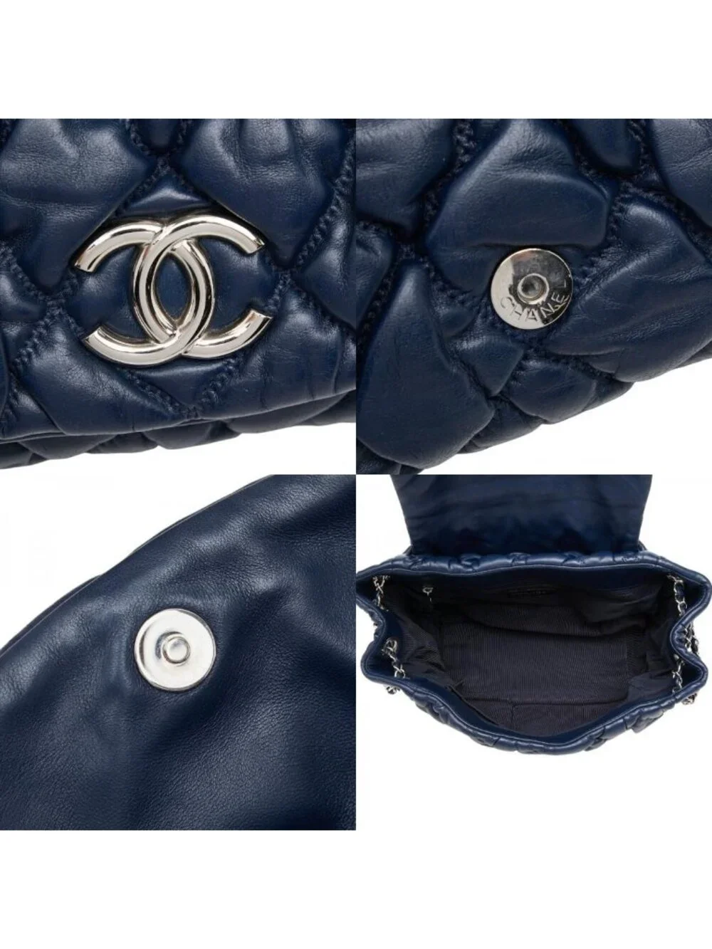 Chanel Quilted Bubble Quilt CC Logo Chain Shoulder Bag Navy Lambskin